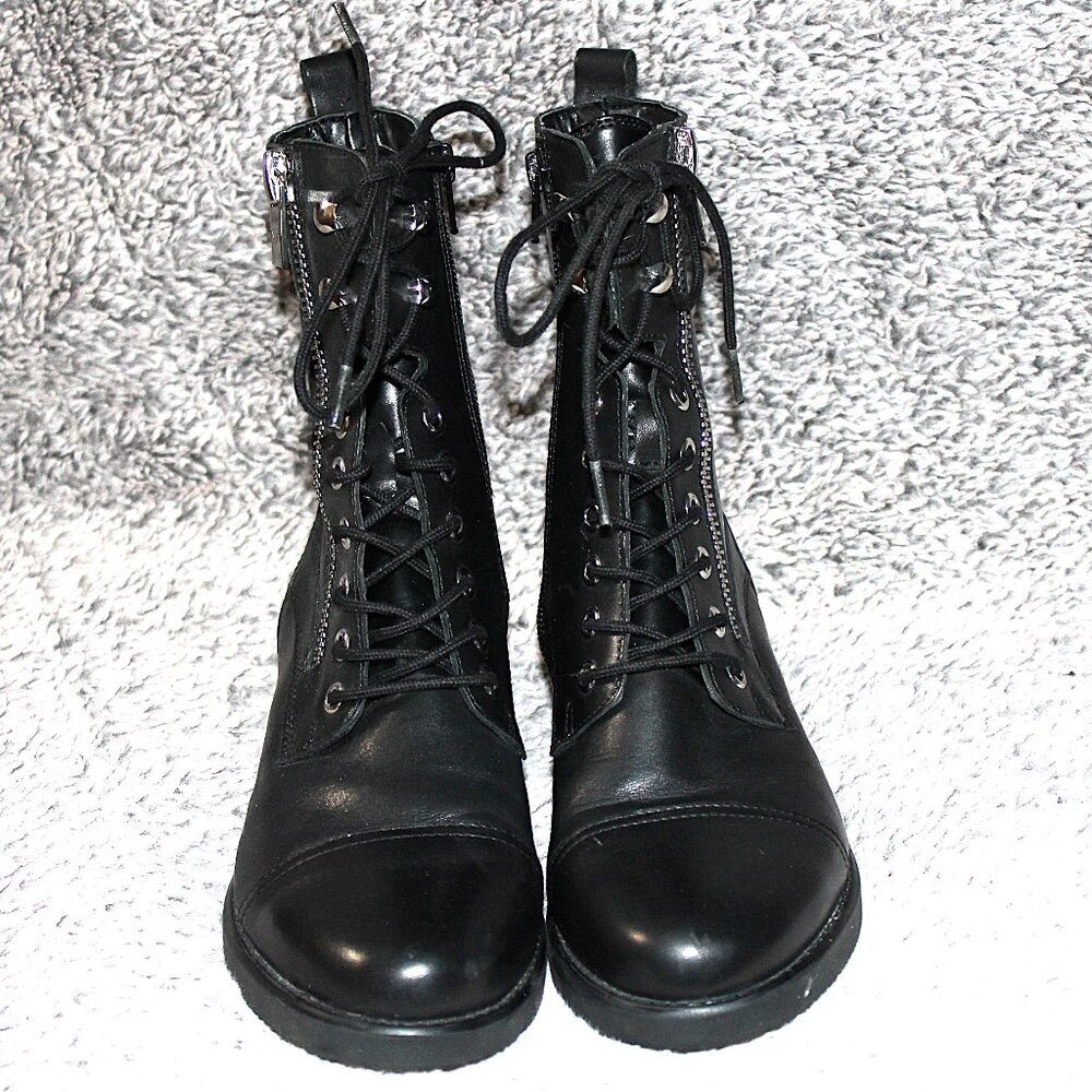 Marc Fisher Black Moto Lace Up Zipper Combat Biker Goth Boots 7M Leather